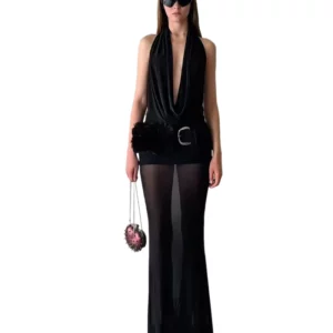 Weird Puss Sexy Backless Dress Women Classic Ruched Swing Collar See Through Hem Stretch Halter Dress+Furry Sashes Slim Bodycon - Image 6