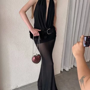 Weird Puss Sexy Backless Dress Women Classic Ruched Swing Collar See Through Hem Stretch Halter Dress+Furry Sashes Slim Bodycon - Image 5