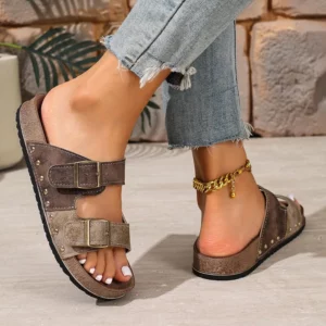 Plus Size Slippers Women's New Round Toe Open Toe Metal Belt Buckle Anti-Slip Wear-Resistant Flats - Image 6