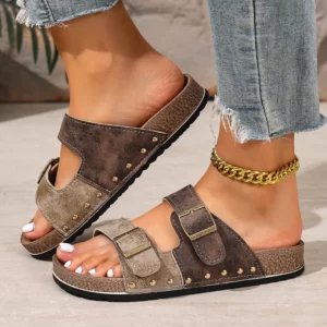 Plus Size Slippers Women's New Round Toe Open Toe Metal Belt Buckle Anti-Slip Wear-Resistant Flats - Image 5