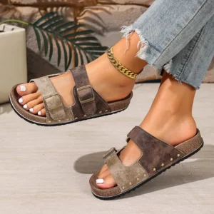 Plus Size Slippers Women's New Round Toe Open Toe Metal Belt Buckle Anti-Slip Wear-Resistant Flats - Image 4