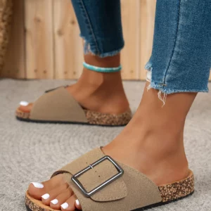 Women's Summer Spring and Autumn Casual Simple Large Buckle Suede Upper Soft Wood Grain Comfortable Flat Heel Slip-On Beach Slippers - Image 1