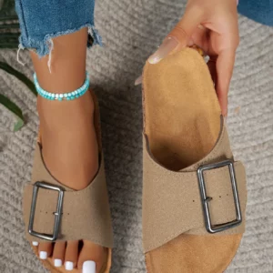 Women's Summer Spring and Autumn Casual Simple Large Buckle Suede Upper Soft Wood Grain Comfortable Flat Heel Slip-On Beach Slippers - Image 7