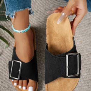 Women's Summer Spring and Autumn Casual Simple Large Buckle Suede Upper Soft Wood Grain Comfortable Flat Heel Slip-On Beach Slippers - Image 4