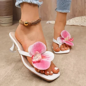 Fashion Design Flowers Flip Flops Women Slippers Narrow Band Square Toe Thin High Heels Sandals Outdoors Party Shoes - Image 2