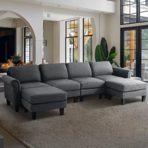 Redlife 108" Sectional Sofa w/ Chaise Living Room Sofa Convertible 4 Seat L-Shape Sofa Set Fabric Sectional Couch Two Ottoman - Image 2