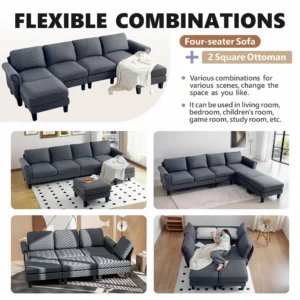 Redlife 108" Sectional Sofa w/ Chaise Living Room Sofa Convertible 4 Seat L-Shape Sofa Set Fabric Sectional Couch Two Ottoman - Image 5