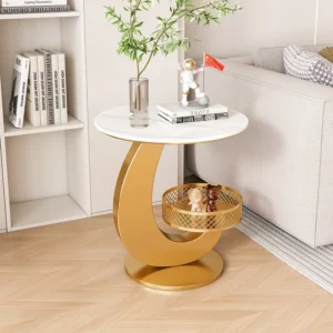 Luxury Side Table Modern Round Coffee Table for Living Room & Balcony Multifunctional Couchside Drink Table with Geometric Base - Image 3