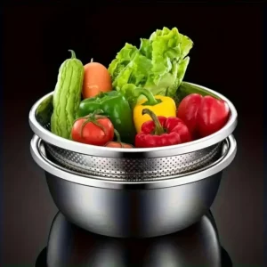 Stainless Steel Rice Washing Bowl with Drain Holes, 2-in-1 Vegetable Fruit Strainer Colander Basket for Kitchen Sink - Image 3