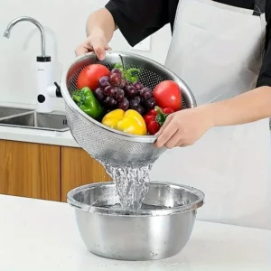 Stainless Steel Rice Washing Bowl with Drain Holes, 2-in-1 Vegetable Fruit Strainer Colander Basket for Kitchen Sink - Image 7
