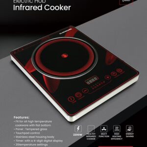 Digital Control Electric Infrared Cooker, Single Cooking Hob, Burner With Adjustable Temperature, Energy Saving/ Touch Control, 20 Settings, Stainless Steel Body and Tempered Glass Panel, 2 Years Warranty 2200 W OMIC2092M Black/Red - Image 2