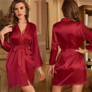 Spring Summer New Female Robe Kimono Bathrobe Gown Ice Silk Sleepwear Home Dress Loose Nightwear Lounge Wear Women Lingerie - Image 5