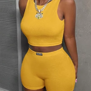 Trendy Turmeric Ribbed Two-Piece Set Women's Crop Top and Shorts Sporty Casual Set Streetwear Nightclub Outfit - Image 3