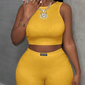 Trendy Turmeric Ribbed Two-Piece Set Women's Crop Top and Shorts Sporty Casual Set Streetwear Nightclub Outfit - Image 4