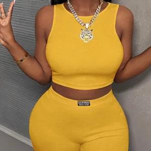 Trendy Turmeric Ribbed Two-Piece Set Women's Crop Top and Shorts Sporty Casual Set Streetwear Nightclub Outfit - Image 5
