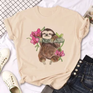 Sloth Printed Tee Women Manga Designer Harajuku T-shirt Girl Streetwear Short Sleeve Round Neck Casual Cute Summer Clothing - Image 5