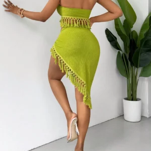 Fringe-decorated textured knitted fabric tie-front vest and asymmetrical hem skirt set, sexy beach resort outfit - Image 7