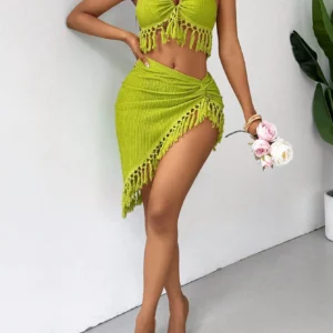 Fringe-decorated textured knitted fabric tie-front vest and asymmetrical hem skirt set, sexy beach resort outfit - Image 6