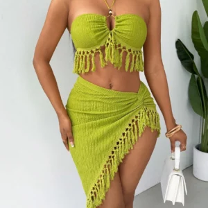 Fringe-decorated textured knitted fabric tie-front vest and asymmetrical hem skirt set, sexy beach resort outfit - Image 5