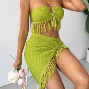 Fringe-decorated textured knitted fabric tie-front vest and asymmetrical hem skirt set, sexy beach resort outfit - Image 4