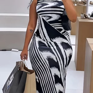One Piece Dress Plus Size Woman Sleeveless White Dress Zigzag Print Sexy Tight Lady Dresses Wholesale Business Dropshipping - Image 1
