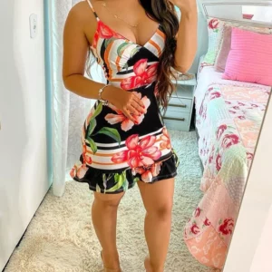 Women Sleeveless Strap Mini Dress Bodycon Slim Skinny Summer Sexy Floral Flower Printed Dress - Image 5