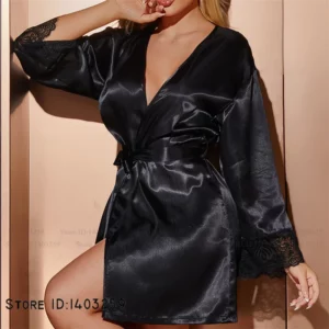 Sexy Lingerie Sleepwear Women' Ice Silk Robe Loungewear Patchwork Hollow Out Lace Kimono Bathrobe Gown Summer New Loose Homewear - Image 2