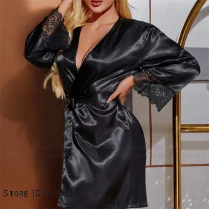 Sexy Lingerie Sleepwear Women' Ice Silk Robe Loungewear Patchwork Hollow Out Lace Kimono Bathrobe Gown Summer New Loose Homewear - Image 4