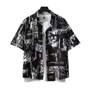 Japanese Retro Printed Short-Sleeve Shirt for Men,Trendy Brand Letter Shirt, Loose Casual VersatileThin Short-Sleeve Dress Shirt - Image 4