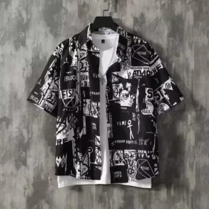 Japanese Retro Printed Short-Sleeve Shirt for Men,Trendy Brand Letter Shirt, Loose Casual VersatileThin Short-Sleeve Dress Shirt - Image 3