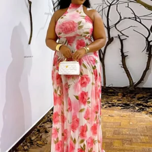 Joskaa 2025 Women's Elegant Floral Print Mesh Off Shoulder Sleeveless Bodycon Long Maxi Dress Holiday Beachwear Party Clubwear - Image 1