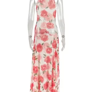Joskaa 2025 Women's Elegant Floral Print Mesh Off Shoulder Sleeveless Bodycon Long Maxi Dress Holiday Beachwear Party Clubwear - Image 5