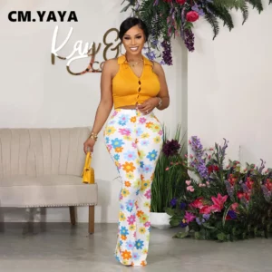 CM.YAYA Fashion Women Floral Plaid Printed High Waist Flare Pants 2023 Summer Chic Vintage stretch Legging Wide Leg Trousers - Image 2