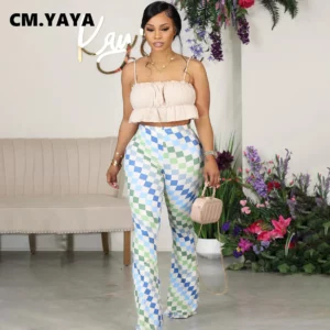 CM.YAYA Fashion Women Floral Plaid Printed High Waist Flare Pants 2023 Summer Chic Vintage stretch Legging Wide Leg Trousers - Image 3