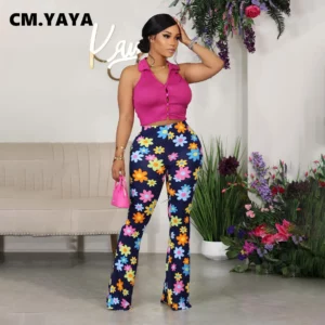CM.YAYA Fashion Women Floral Plaid Printed High Waist Flare Pants 2023 Summer Chic Vintage stretch Legging Wide Leg Trousers - Image 4