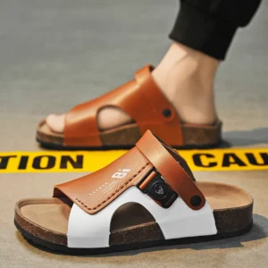Brown Cork Sandals for Man Leather Slippers Luxury Outdoor Slides Men Summer Slip On Men Fashion Sandals sandalias de hombre - Image 2