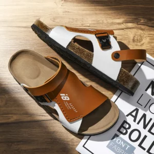 Brown Cork Sandals for Man Leather Slippers Luxury Outdoor Slides Men Summer Slip On Men Fashion Sandals sandalias de hombre - Image 4