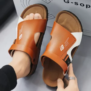 Brown Cork Sandals for Man Leather Slippers Luxury Outdoor Slides Men Summer Slip On Men Fashion Sandals sandalias de hombre - Image 5