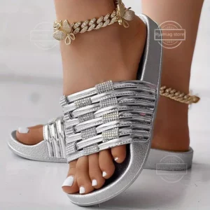 Slippers Women's Rhinestone Flat Sandals Crystal Slippers Women Summer Flat Bottom Slide Slipper Shoes Bling Diamond Flip Flops - Image 3