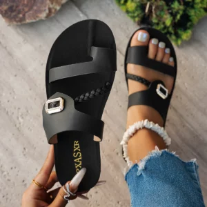 Summer Ladies Flat Sandals Fashion Diamond Buckle Elegant Woven Strap Comfortable Easy-To-Wear Thong Slippers - Image 1
