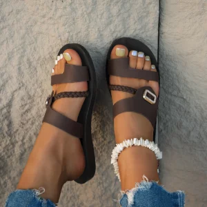 Summer Ladies Flat Sandals Fashion Diamond Buckle Elegant Woven Strap Comfortable Easy-To-Wear Thong Slippers - Image 7