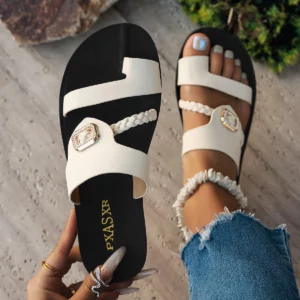 Summer Ladies Flat Sandals Fashion Diamond Buckle Elegant Woven Strap Comfortable Easy-To-Wear Thong Slippers - Image 4