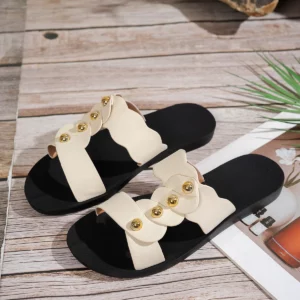 Summer Open-Toe Women's Slippers Gold round Buckle Elegant Simple Lines Soft Polyurethane Wear-Resistant Shoe Bottom - Image 1