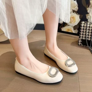 2025 Spring and Autumn New Women's Square Toe Flat Slip One Leg Slip Soft Sole Rhinestone Square Buckle Comfortable Single Shoes - Image 2