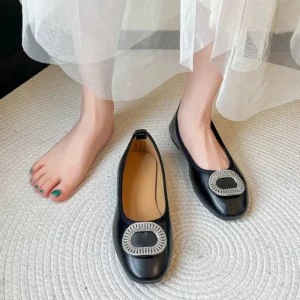 2025 Spring and Autumn New Women's Square Toe Flat Slip One Leg Slip Soft Sole Rhinestone Square Buckle Comfortable Single Shoes - Image 3