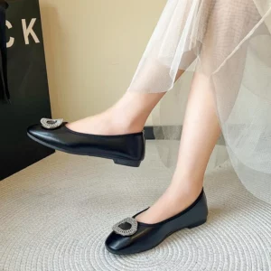 2025 Spring and Autumn New Women's Square Toe Flat Slip One Leg Slip Soft Sole Rhinestone Square Buckle Comfortable Single Shoes - Image 4