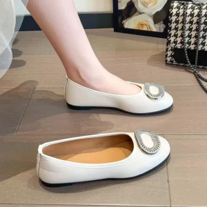 2025 Spring and Autumn New Women's Square Toe Flat Slip One Leg Slip Soft Sole Rhinestone Square Buckle Comfortable Single Shoes - Image 5