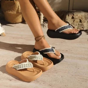 Brand Designer Printing Straps Medium Heels Sandals Women Square Toe Thick Bottom Soft Cloud Slippers Women Beach Flip Flops - Image 6