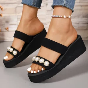 Luxury Pearls Women's Wedge Slippers Summer 2025 Chunky Platform Slip On Sandals Women Beach Casual Heels Slides Flip Flops 42 - Image 3