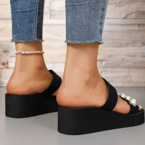 Luxury Pearls Women's Wedge Slippers Summer 2025 Chunky Platform Slip On Sandals Women Beach Casual Heels Slides Flip Flops 42 - Image 4